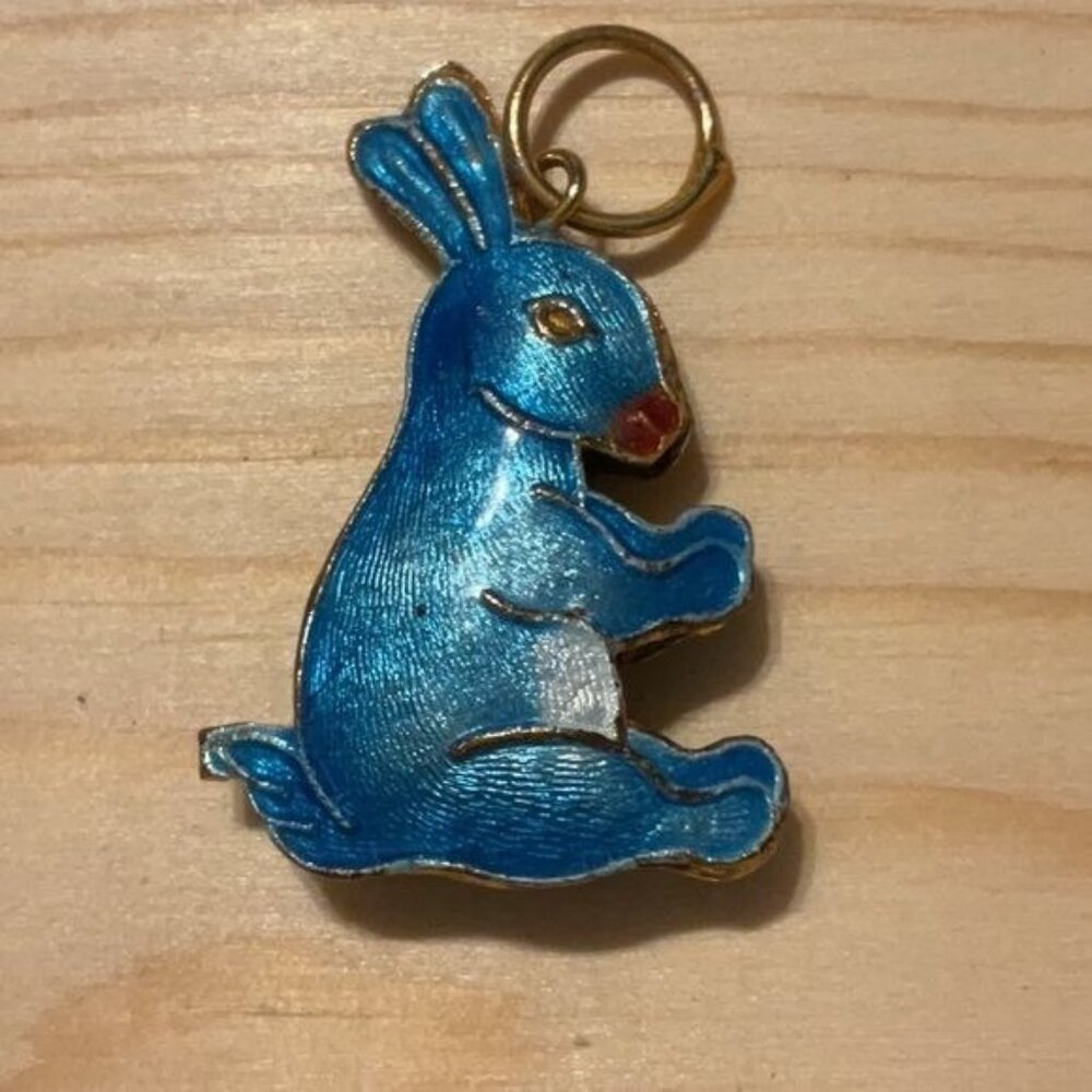 Blue Enamel Rabbit Pendant Charm Cute Animal Design Gold Tone Trim